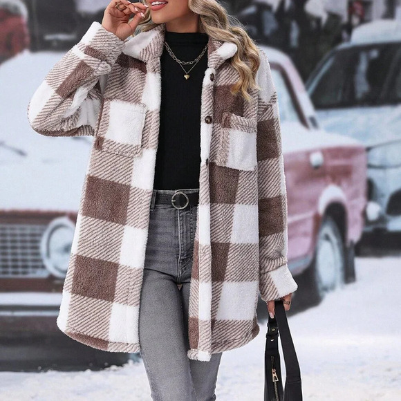 Multicolor Casual Women's Buffalo Plaid Pattern Drop Shoulder Teddy Coat - Picture 3 of 4